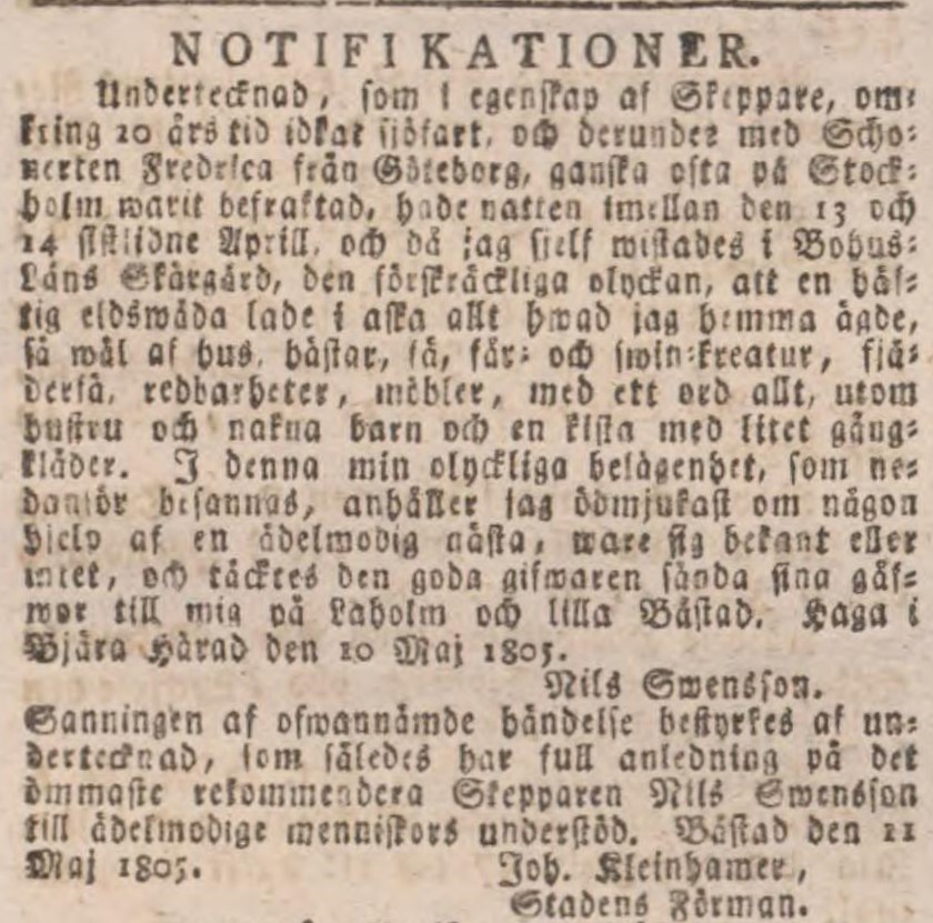 INRIKES TIDNINGAR – 30 juli 1805