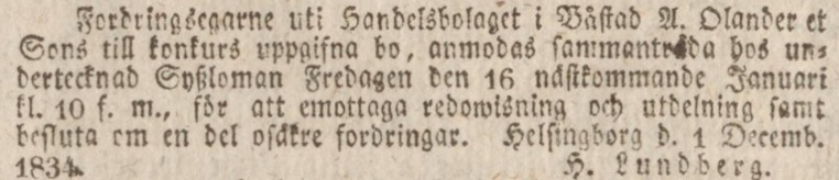 HELSINGBORGSPOSTEN – 9 december 1834