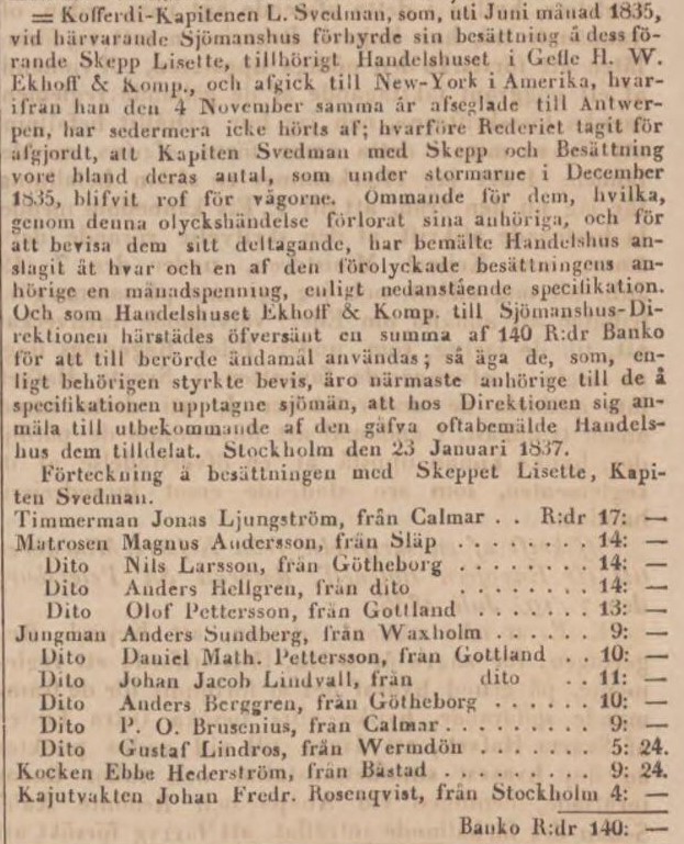 POST- OCH INRIKES TIDNINGAR – 30 januari 1837