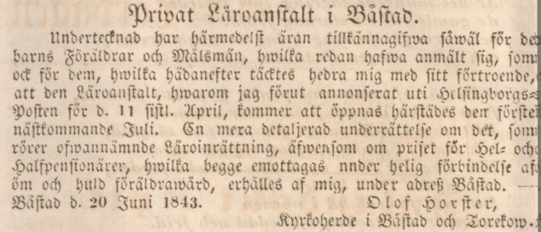 HELSINGBORGSPOSTEN – 27 juni 1843