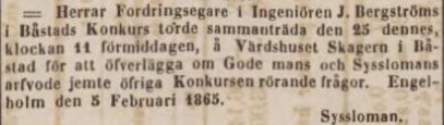 POST- OCH INRIKES TIDNINGAR – 11 februari 1865