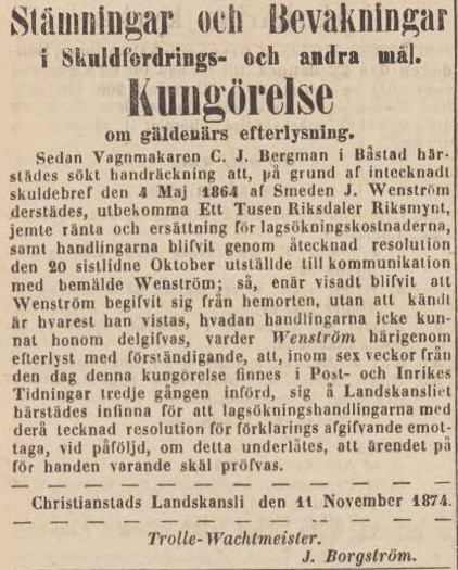 POST- OCH INRIKES TIDNINGAR – 19 november 1874