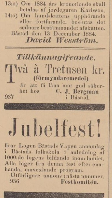 BÅSTADS TIDNING – 17 december 1884 (forts.)