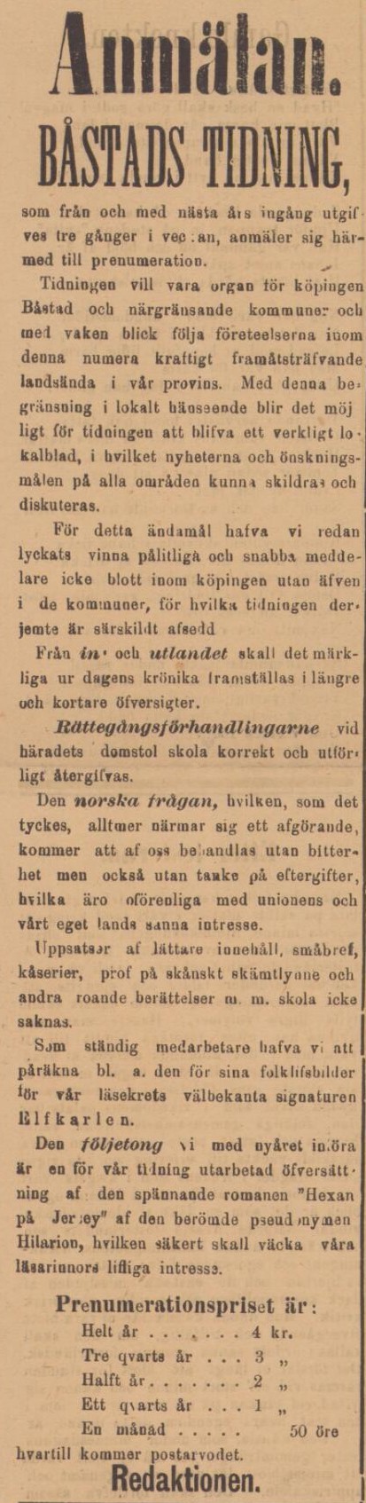 BÅSTADS TIDNING – 15 december 1894