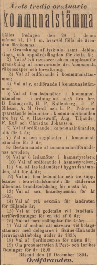 BÅSTADS TIDNING – 22 december 1894