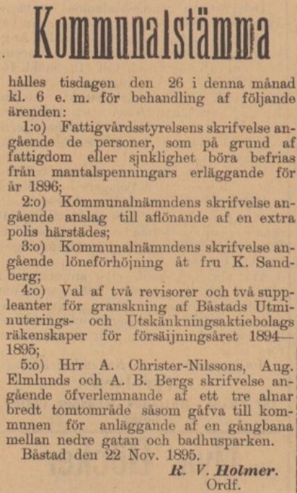 BÅSTADS TIDNING – 23 november 1895