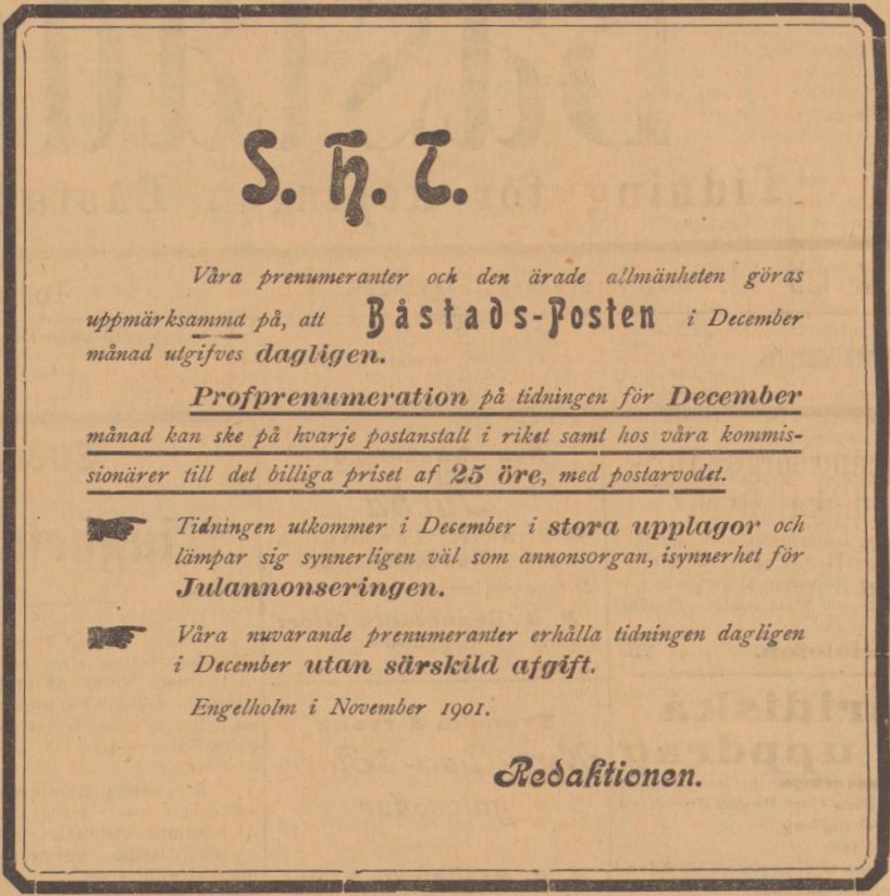 BÅSTADSPOSTEN – 14 november 1901